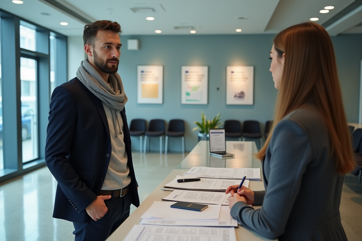 Jeune homme parlant avec agent consulaire dans un bureau moderne