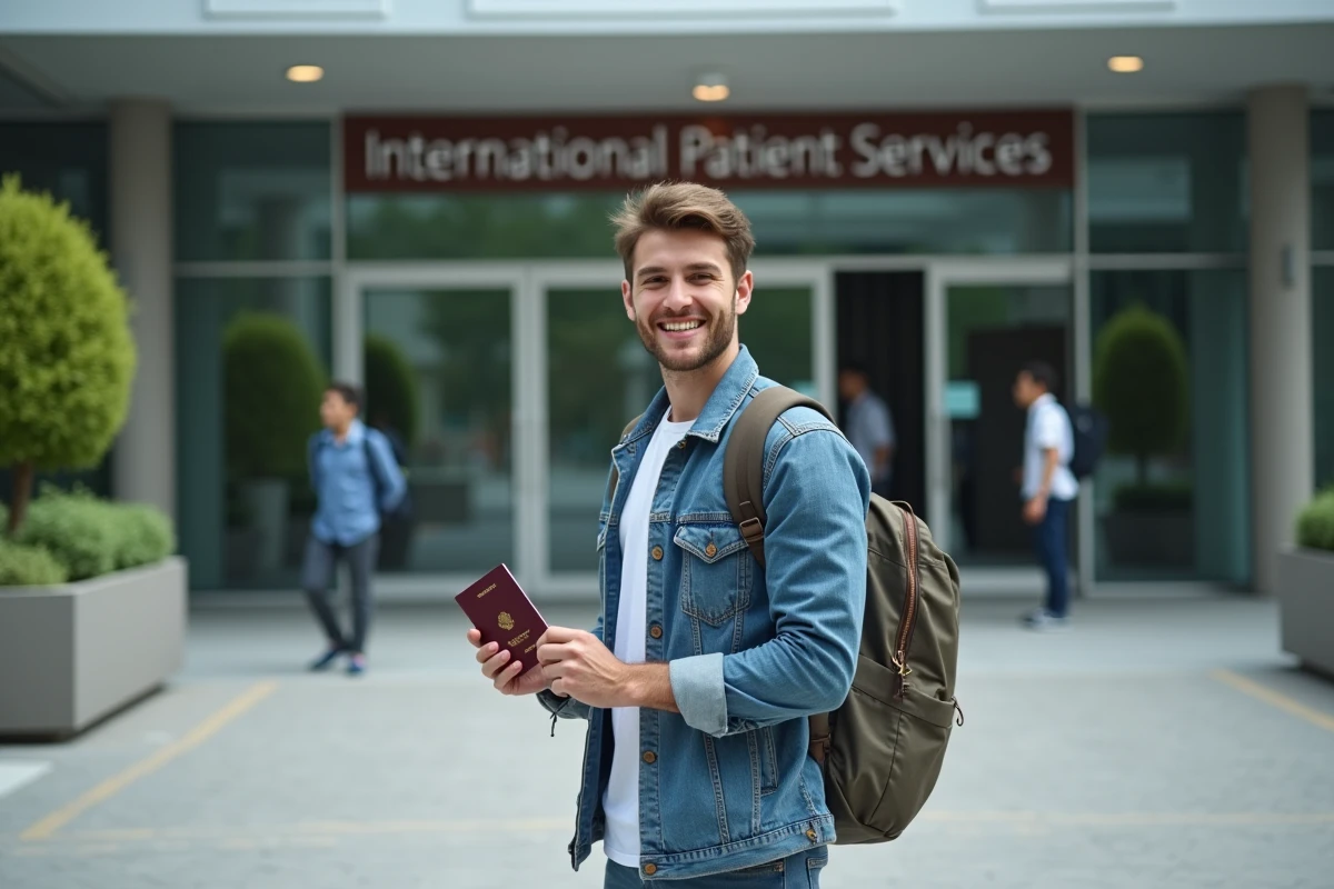 Jeune homme avec passeport devant service international
