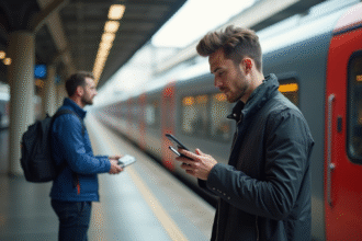 Jeune homme nerveux sur le quai TGV regardant son smartphone