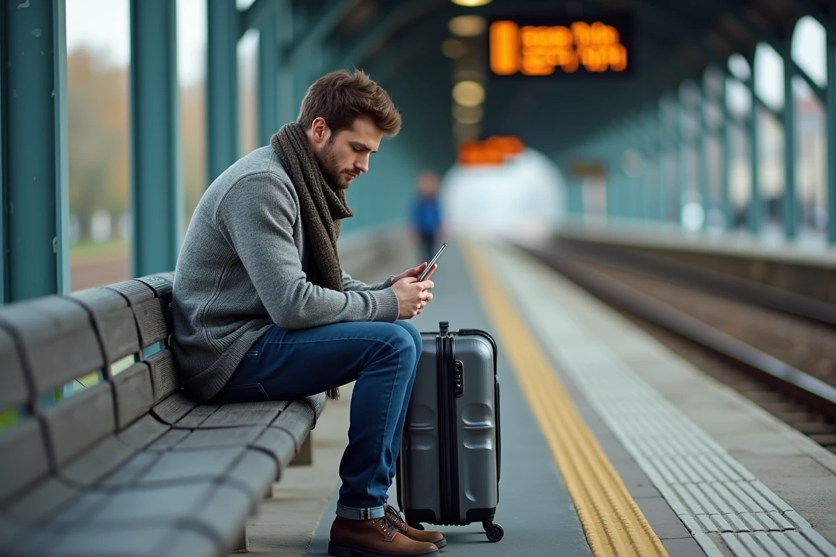 Jeune homme attend train à la gare de Nantes