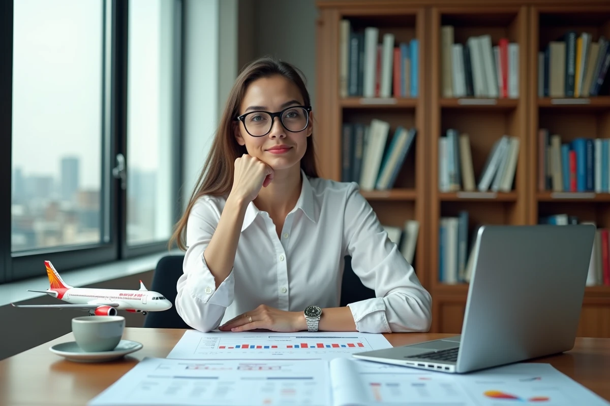 Journaliste aviation étudiant les classements internationaux des compagnies aériennes avec une maquette Air India sur son bureau