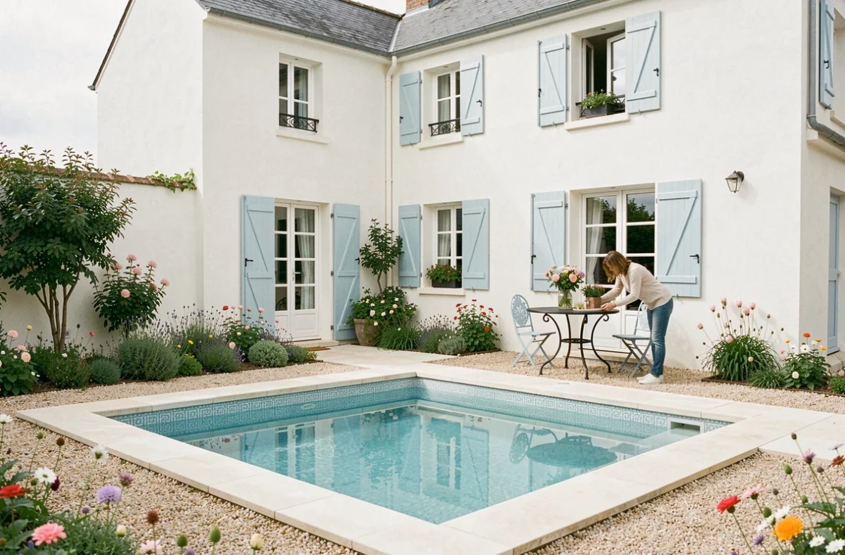 La Blanche Maison, maison normande blanche avec volets bleus et sa piscine à mosaïques dans un jardin de cottage