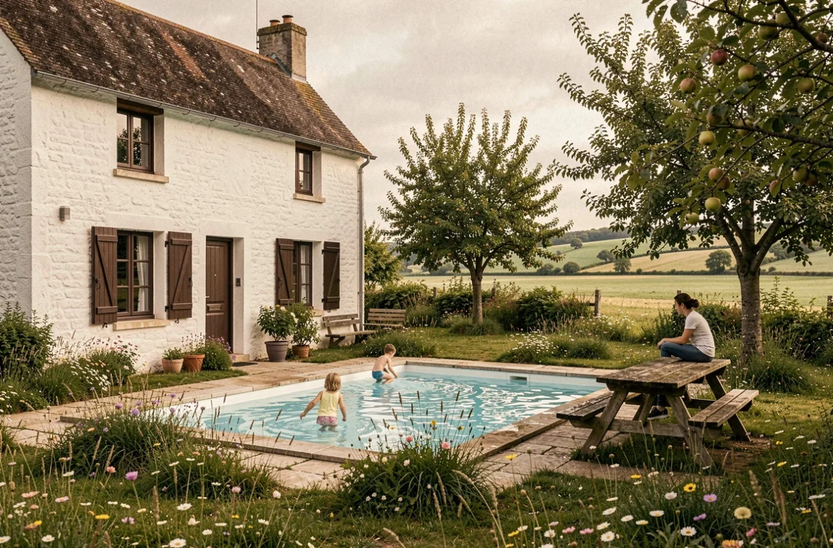 Les Jonchets, gîte normand avec piscine entourée de pommiers et de prairies bocagères typiques