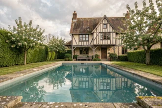 Piscine extérieure entourée de verdure normande avec une maison à colombages traditionnelle en arrière-plan
