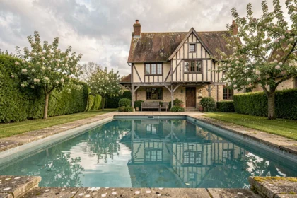 Piscine extérieure entourée de verdure normande avec une maison à colombages traditionnelle en arrière-plan