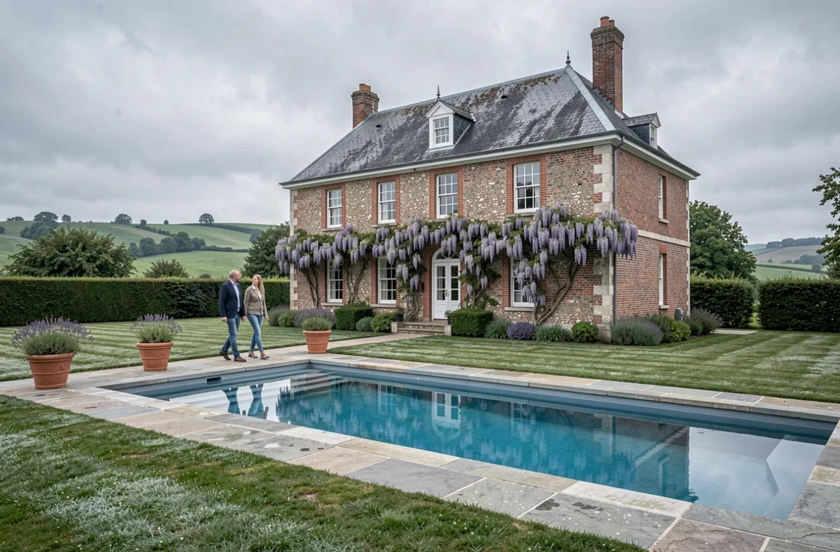 Le Manoir de la Rivière avec sa piscine élégante dans un jardin soigné face à la façade en brique et silex normande
