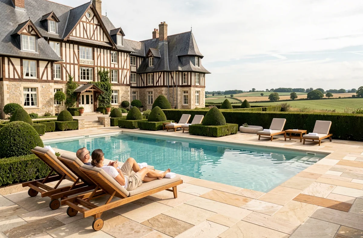 Les Manoirs des Portes de Deauville avec leur piscine élégante entourée de topiaires et d'une terrasse en pierre face aux manoirs à colombages