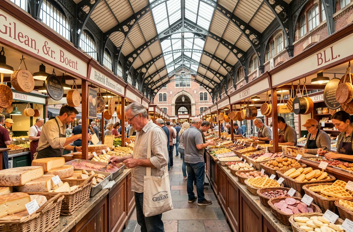 Homme parcourant les étals de fromages artisanaux dans un marché couvert victorien à Gand en Belgique