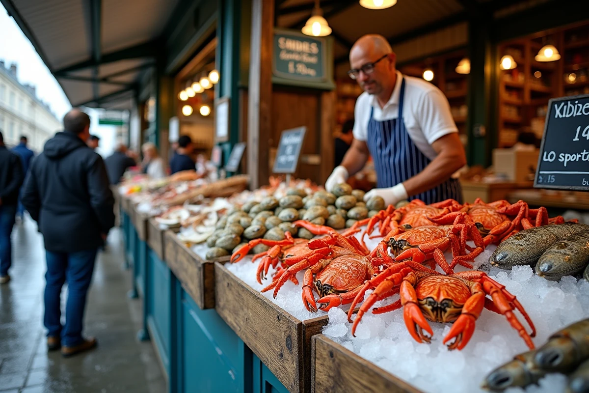 Étal de fruits de mer frais au marché aux poissons de la Cotinière avec huîtres et crabes lors d'un road trip sur l'île d'Oléron