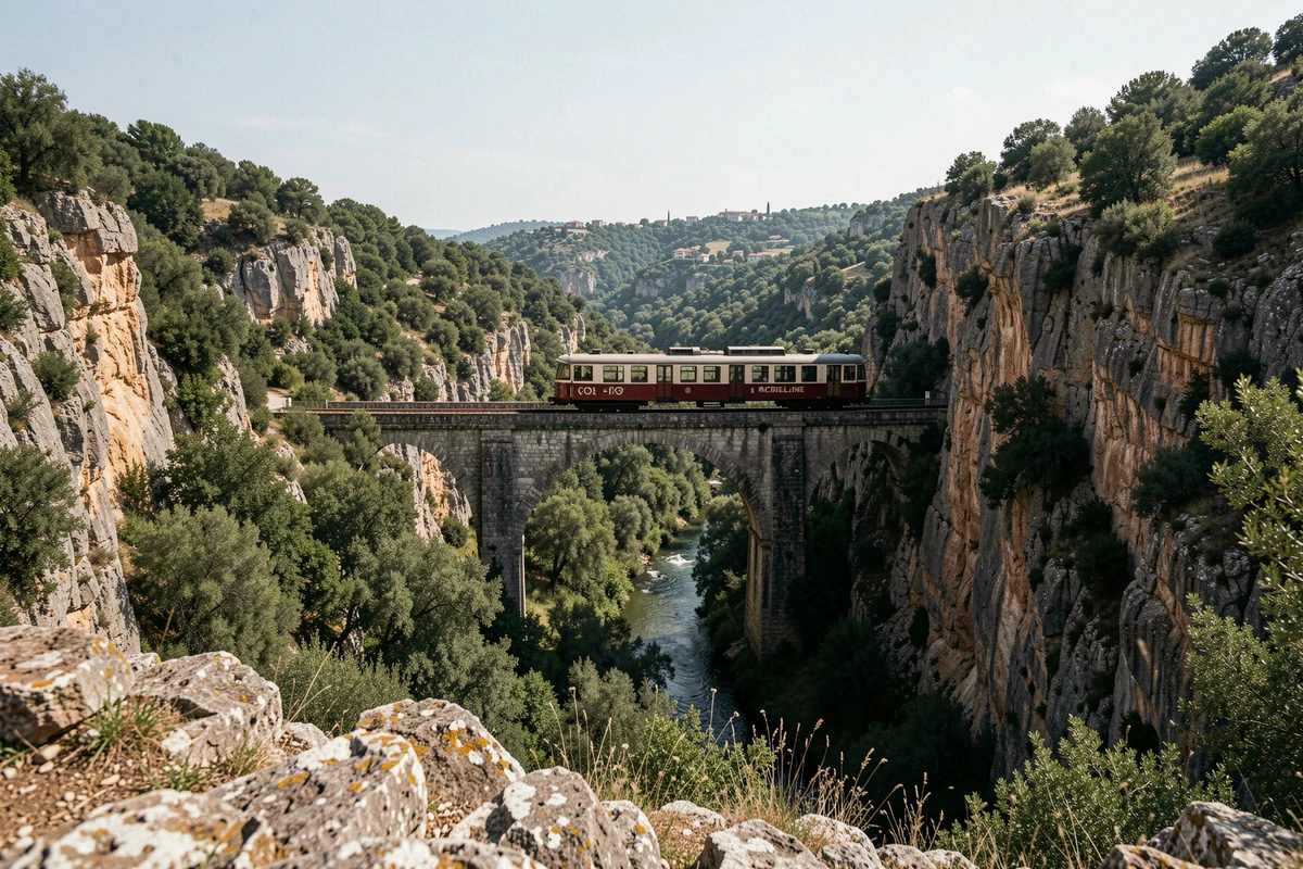 Train micheline de Corse traversant un viaduc en pierre au-dessus d'une gorge verdoyante