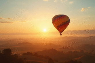 Montgolfière colorée survolant la campagne au lever du soleil