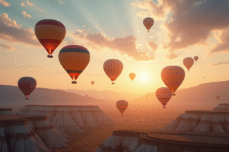 Ballons colorés flottant au lever du soleil au-dessus d'une vallée
