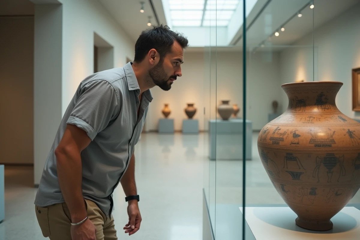 Homme admirant une poterie minoenne ancienne au musée archéologique d'Héraklion en Crète, intérieur de musée épuré avec vitrines d'exposition