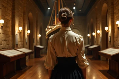 Femme en tenue Belle Époque devant une réplique du Titanic dans une galerie du musée immersif de Lyon