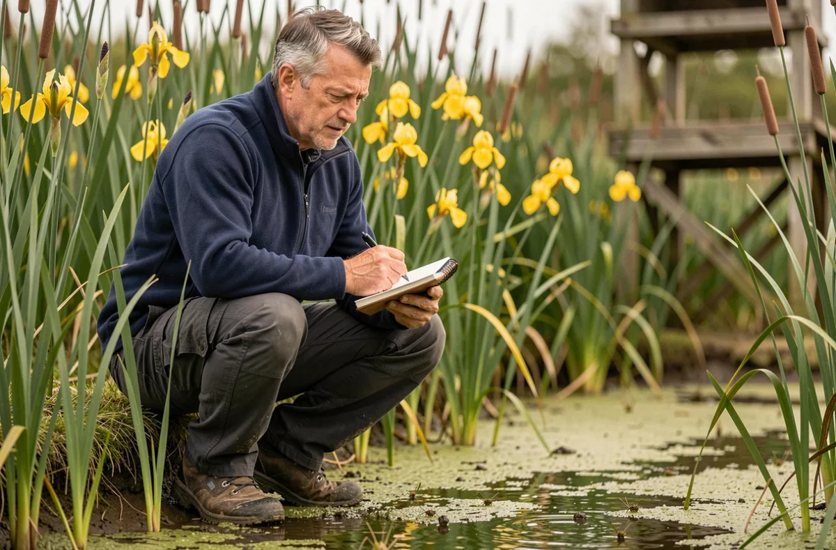 Naturaliste observant les plantes aquatiques au bord d'un marais à Pennedepie lors d'une balade nature en Normandie