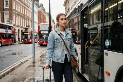 Jeune femme avec valise montant dans une navette pour l'aéroport de Gatwick depuis le centre de Londres
