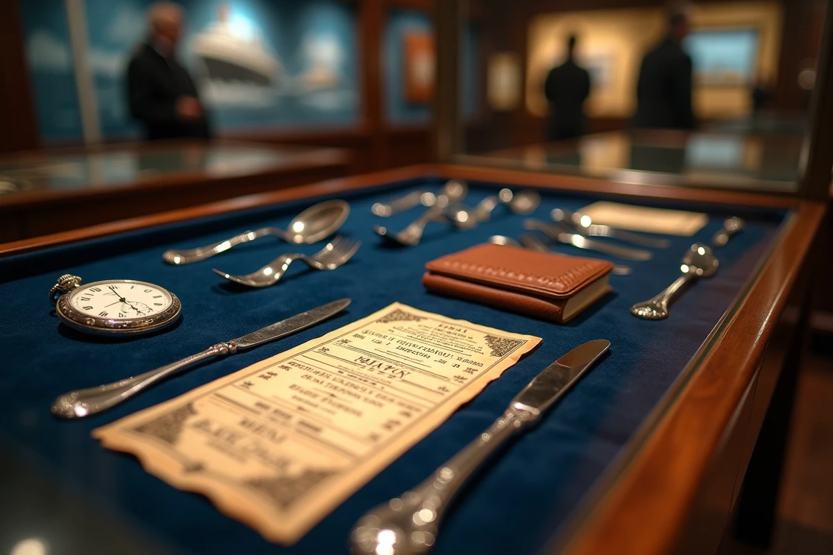 Répliques d'objets de la Belle Époque exposées dans une vitrine du musée Titanic de Lyon