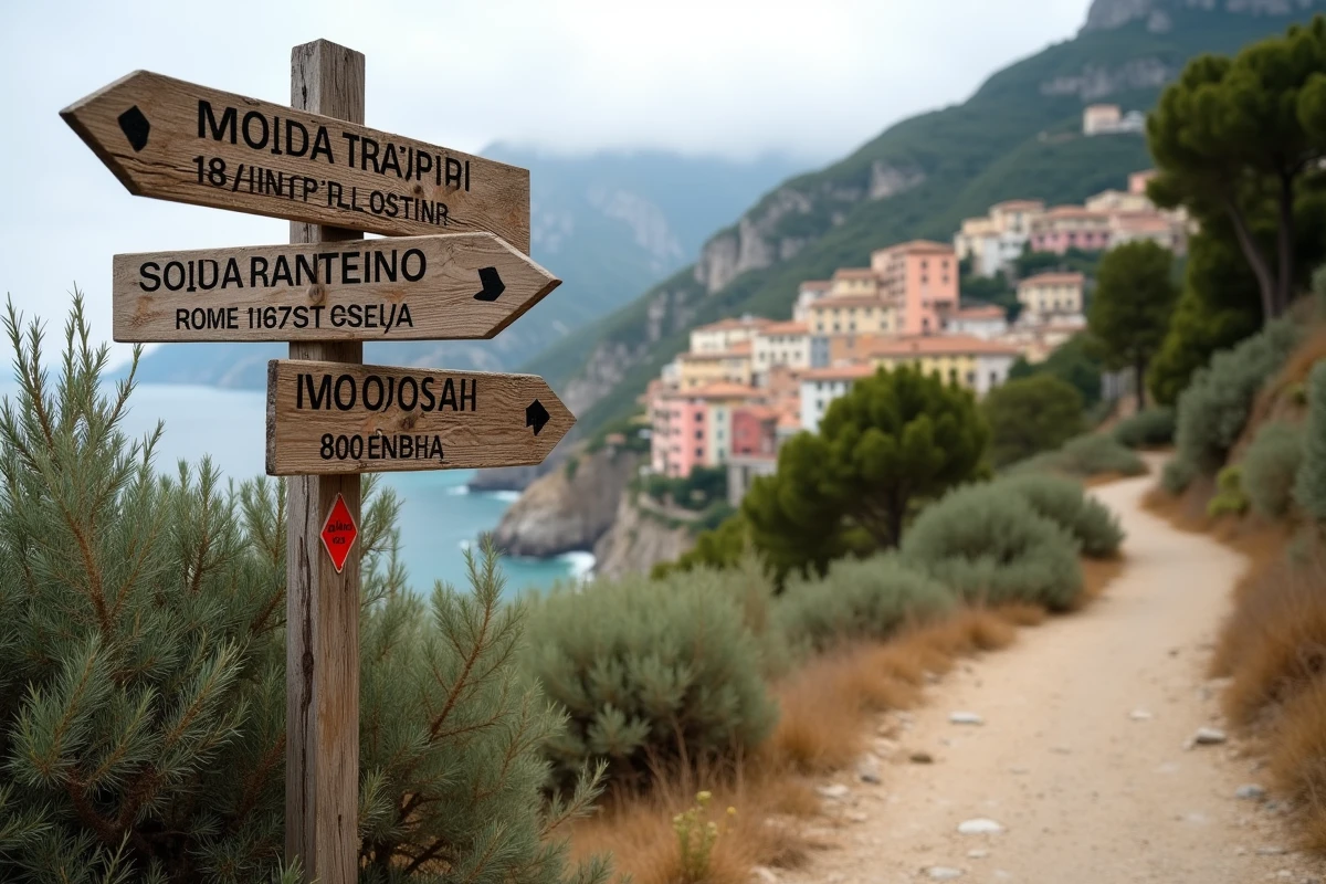 Panneau de signalisation des sentiers de randonnée aux Cinque Terre indiquant un chemin fermé avec flèches directionnelles en bois patiné