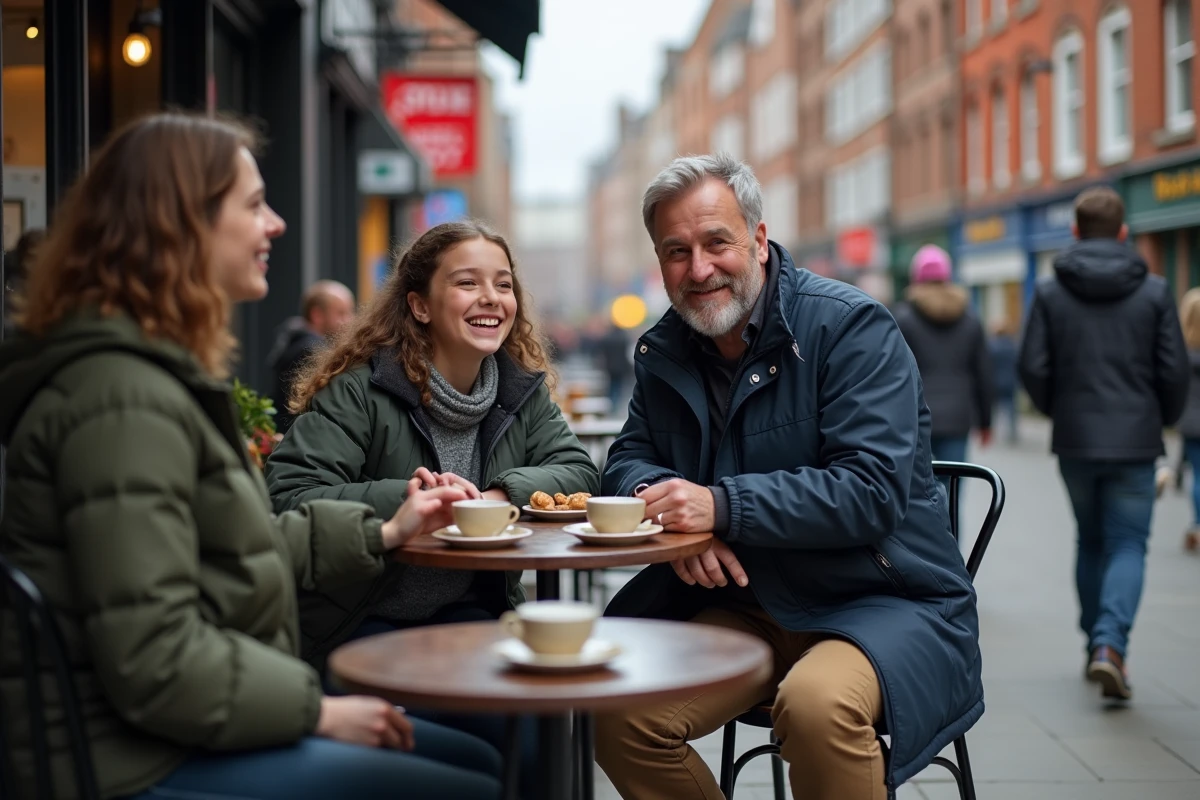 Père et enfants souriant au café sur Grafton Street