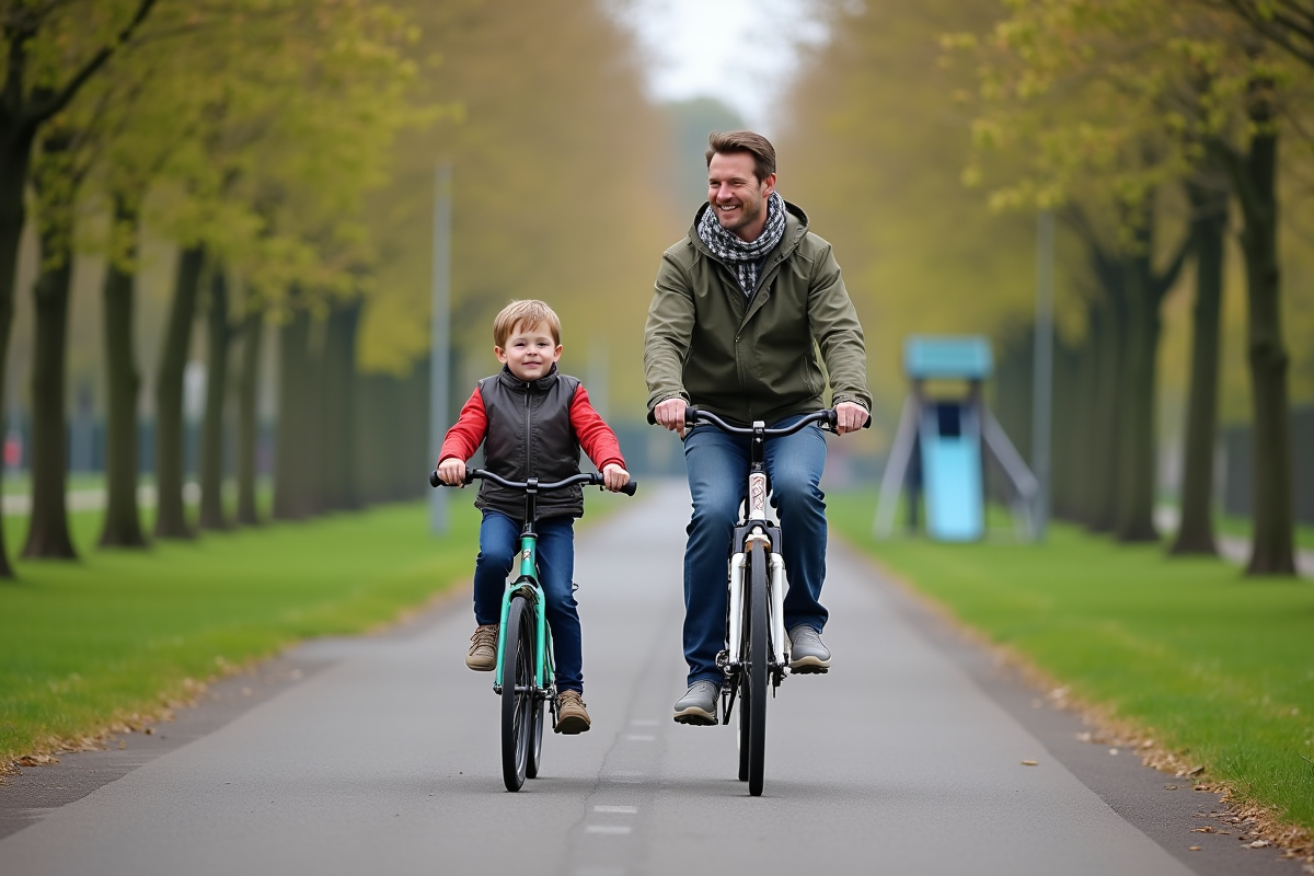 Père et fils à vélo dans un parc à Utrecht