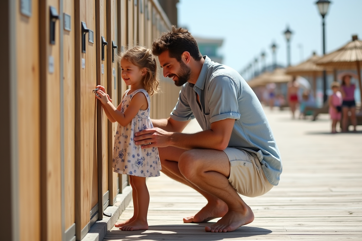 Père aidant sa fille à sécuriser ses affaires sur le quai de plage