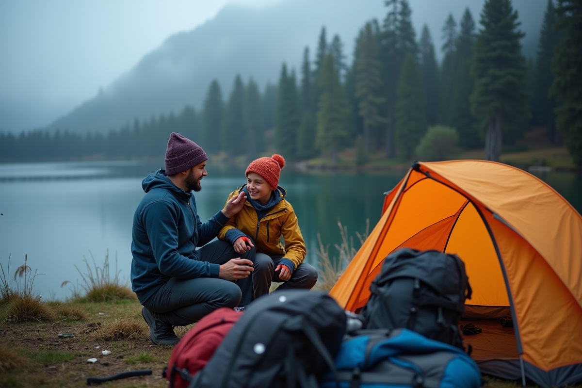 Pere et fils montagnards préparant leur tente ensemble
