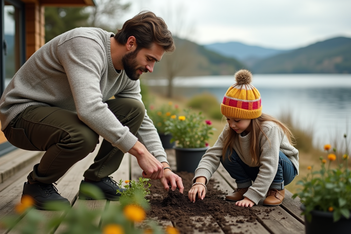 Père aidant sa fille à planter des herbes près de leur maison