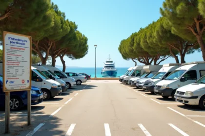 Parking bondé près d'un embarcadère pour Porquerolles avec panneau tarifaire et vue sur la mer Méditerranée