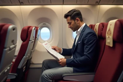 Passager masculin consultant un classement de compagnie aérienne à bord d'un avion Air India, cabine aux couleurs bordeaux et or