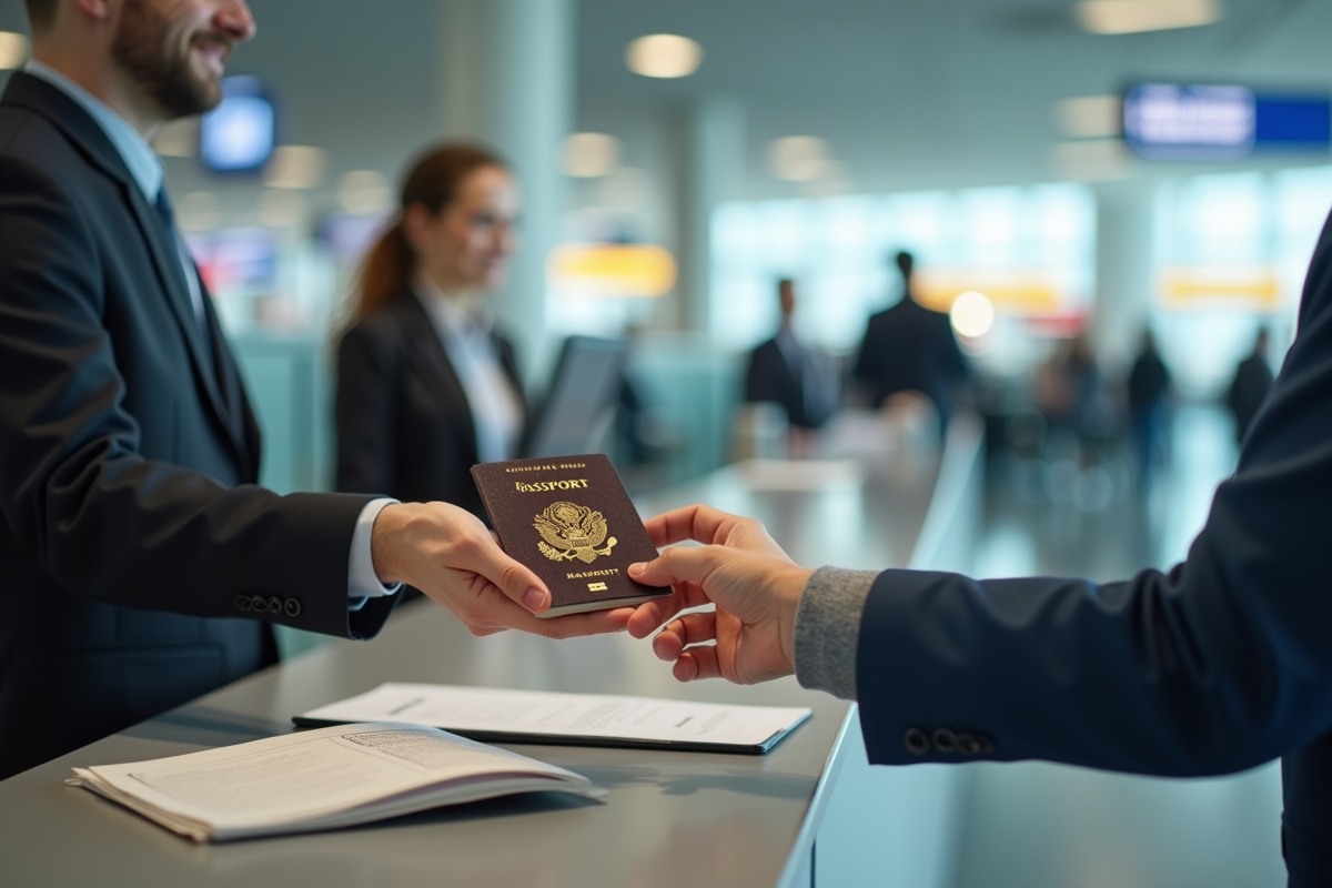 Personne remettant un vieux passeport à un agent d'enregistrement à l'aéroport