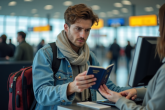Jeune homme au check-in avec passeport français