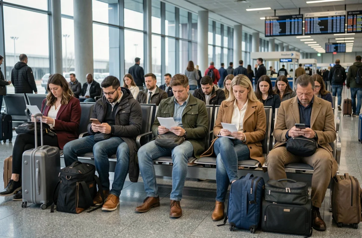 Passagers fatigués attendant dans un terminal d'aéroport après un vol annulé