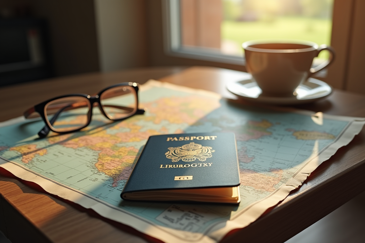 Passeport ancien ouvert avec carte du monde et lunettes sur un bureau en bois
