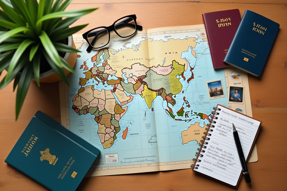 Vue aérienne de passeports asiatiques, cartes et documents de voyage représentant les pays d'Asie et leurs populations
