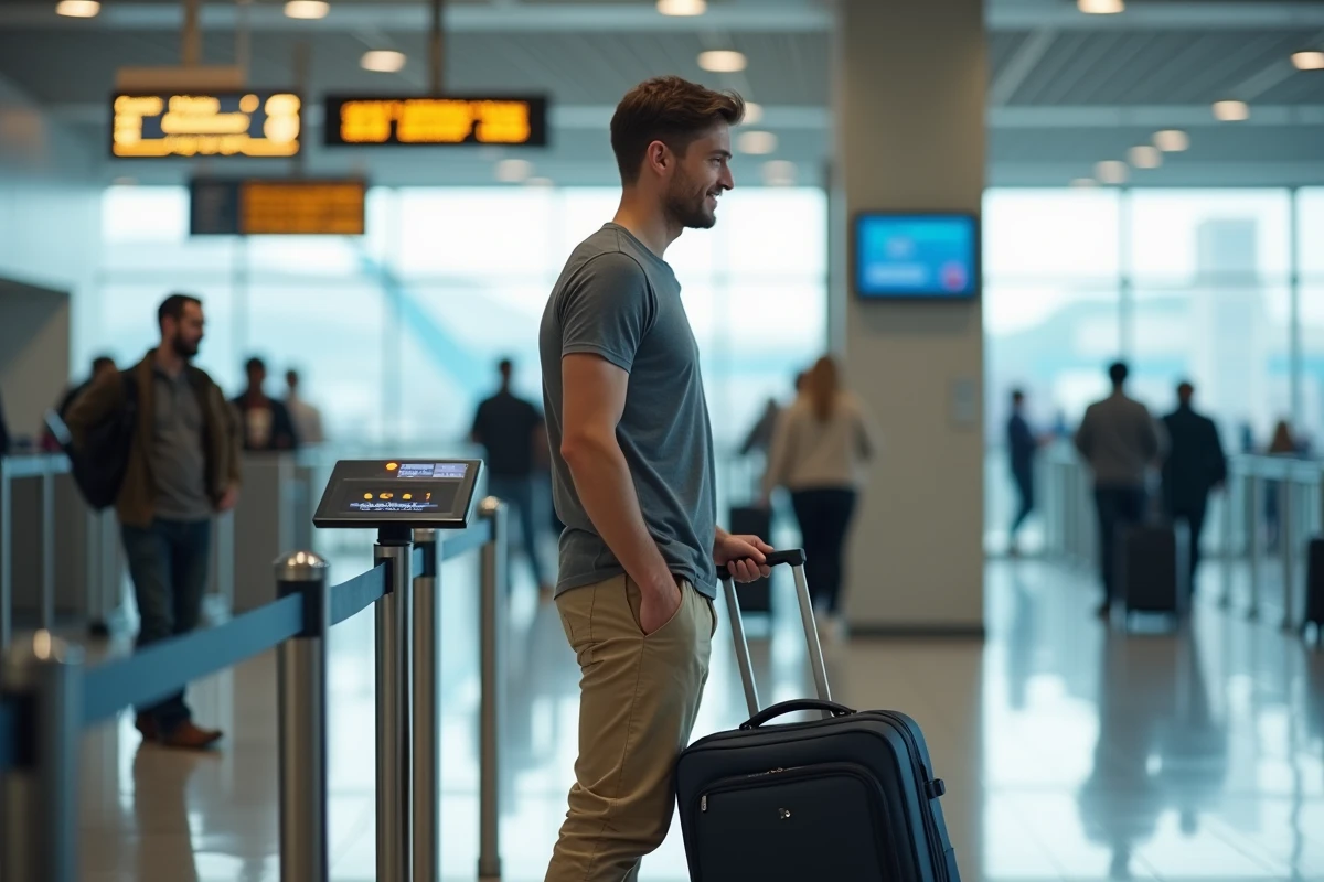 Homme pesant sa valise de 15kg sur la balance d'un comptoir d'enregistrement dans un aéroport moderne