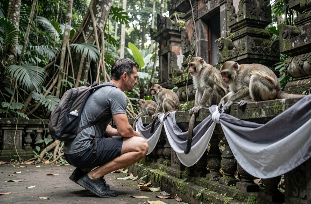 Homme en tenue adaptée photographiant des singes macaques sur un balustrade en pierre au Monkey Forest d'Ubud à Bali avec un sac à dos anti-vol bien ajusté