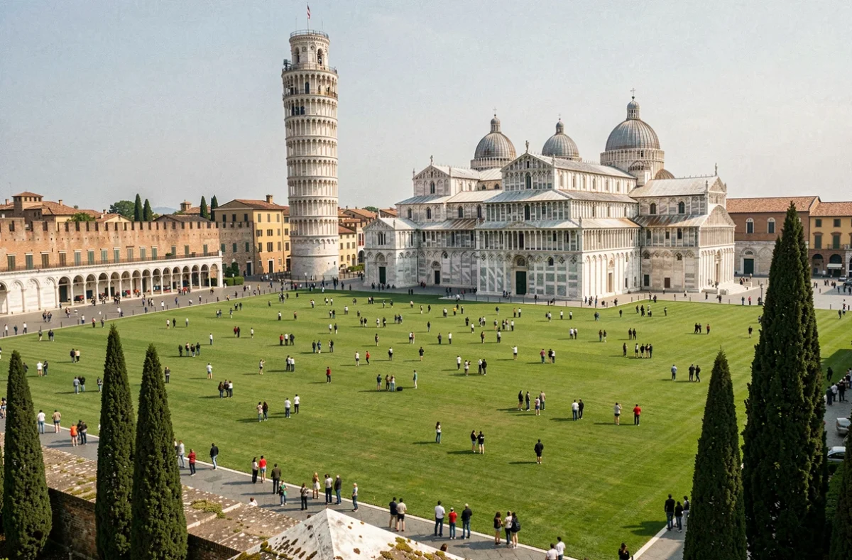 Vue panoramique de la Piazza dei Miracoli à Pise avec la Tour penchée, le Dôme et le Baptistère entourés de touristes sur la pelouse