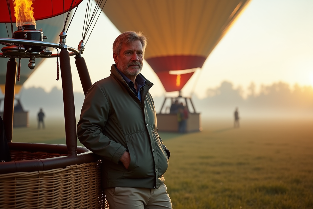 Pilote de ballon en matinée près de la nacelle avec brise fraîche