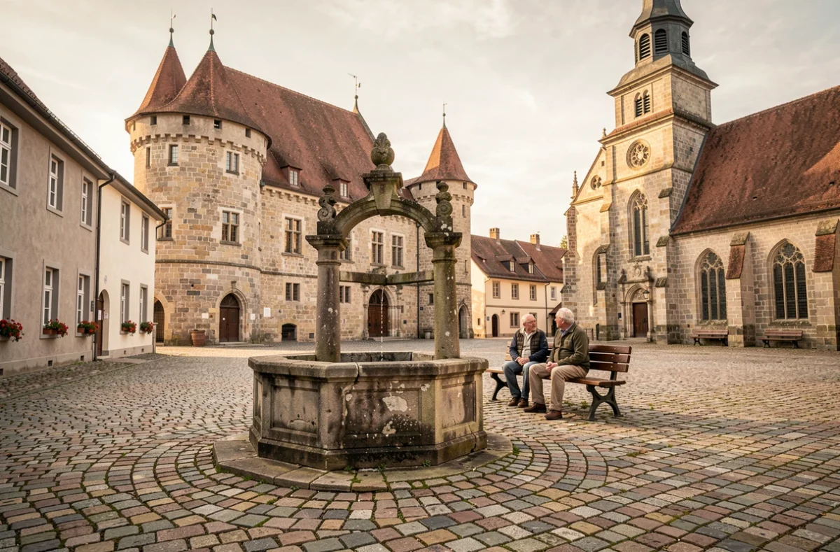 Place centrale d'Eguisheim avec château Saint-Léon et puits en pierre, Alsace