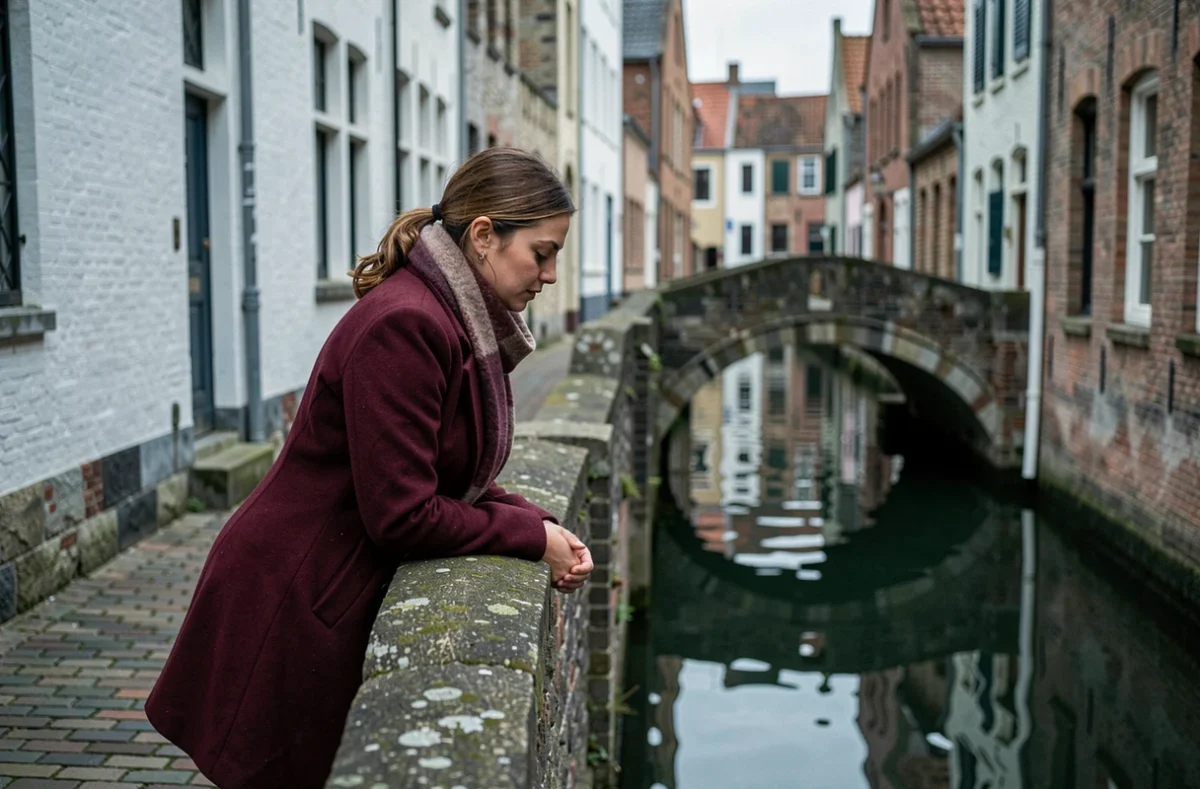 Voyageuse solitaire en manteau bordeaux sur un pont canal médiéval à Bruges en Belgique