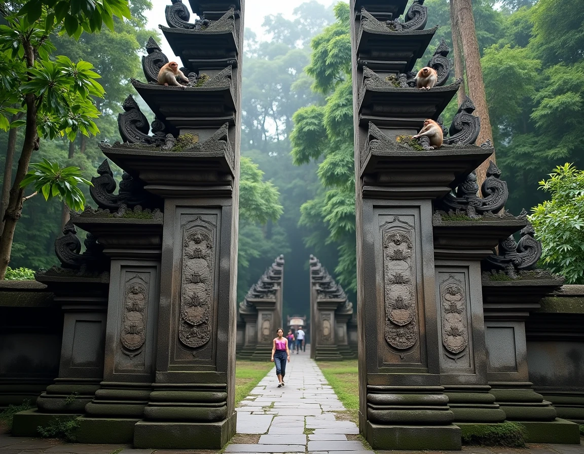 Portail candi bentar en pierre volcanique sculptée à l'entrée de la forêt des singes sacrée d'Ubud, avec des macaques perchés et des tissus traditionnels balinais