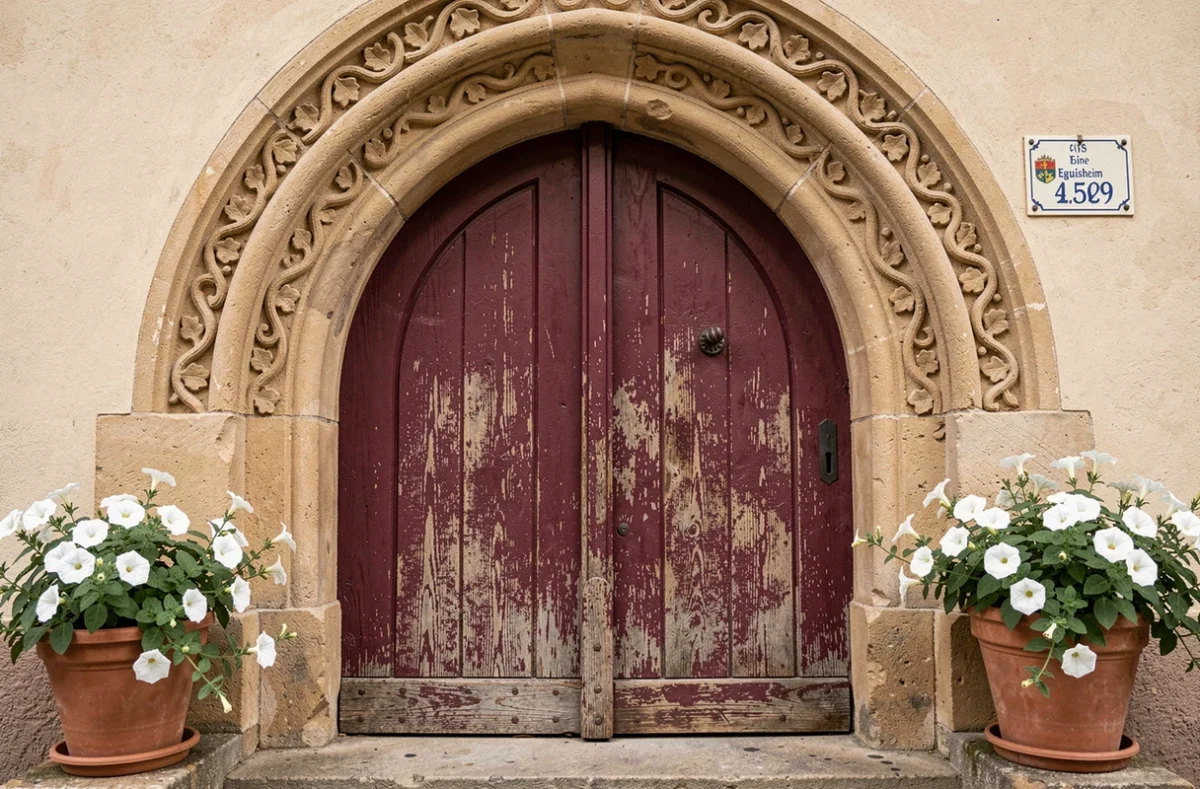 Détail d'une porte alsacienne en bois sculpté avec encadrement en grès à Eguisheim