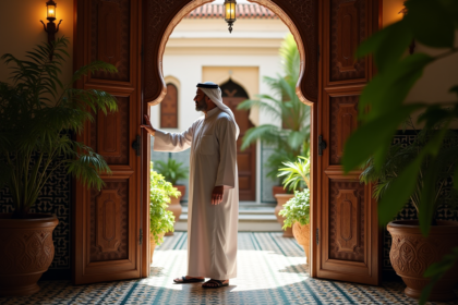 Homme marocain en djellaba ouvrant une porte en bois sculpté dans un riad