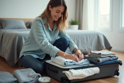 Femme préparant une valise cabine de 15kg en pliant soigneusement ses vêtements sur le sol d'une chambre à coucher