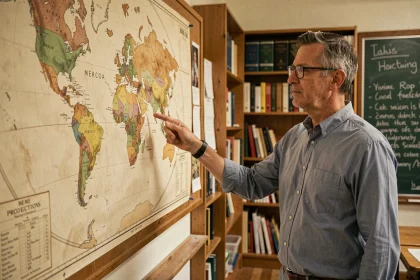 Professeur de géographie pointant le Groenland sur une grande carte du monde Mercator accrochée au mur d'une salle de classe vintage
