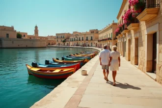 Couple se promenant sur le front de mer de San Pawl il-Bahar avec des bateaux de pêche maltais colorés amarrés dans le port