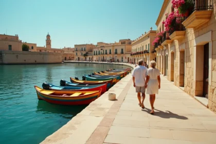 Couple se promenant sur le front de mer de San Pawl il-Bahar avec des bateaux de pêche maltais colorés amarrés dans le port