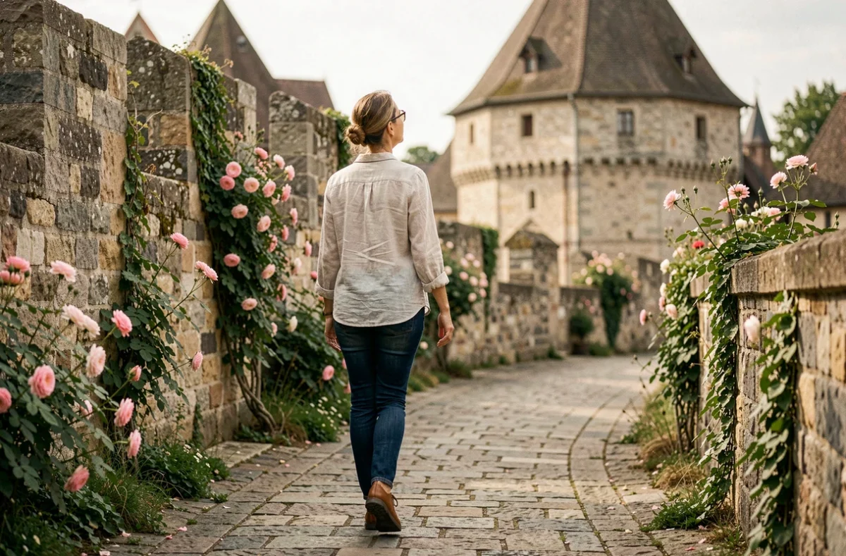 Femme se promenant sur le chemin de ronde du village circulaire d'Eguisheim en Alsace