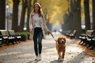 Femme promenant son golden retriever en laisse sur un boulevard parisien bordé de marronniers en automne
