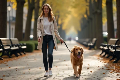 Femme promenant son golden retriever en laisse sur un boulevard parisien bordé de marronniers en automne